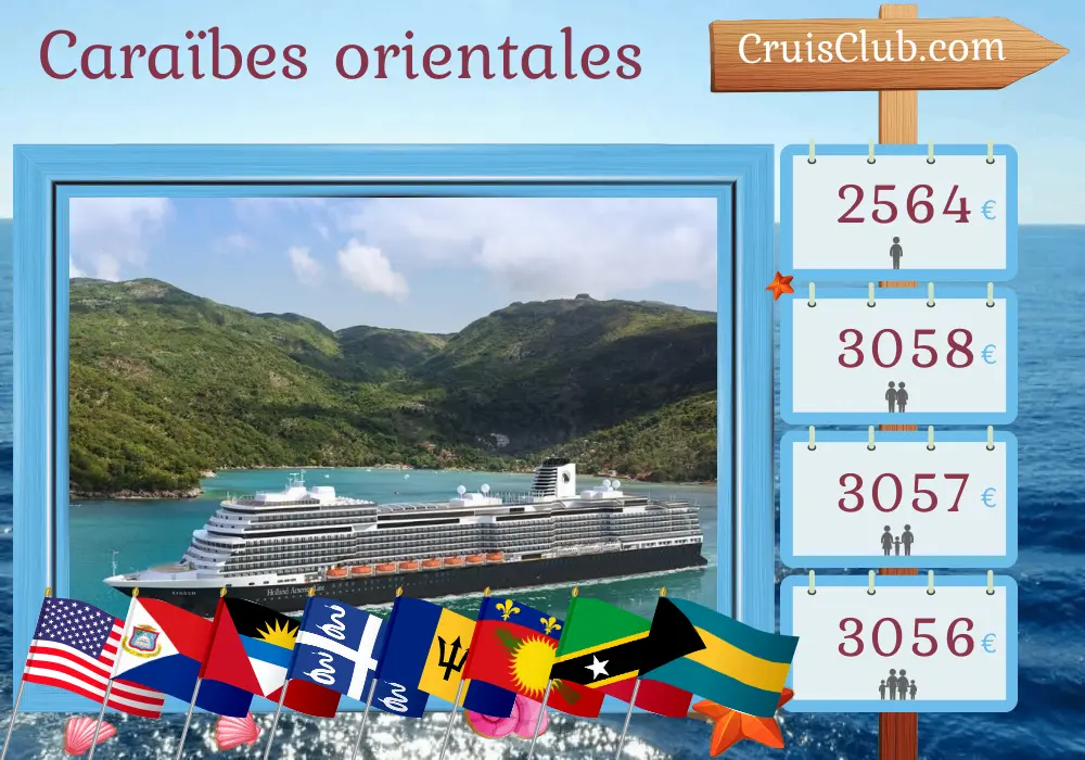 Croisière dans les Caraïbes de l`Est au départ de Fort Lauderdale à bord du navire Rotterdam avec des visites aux États-Unis, en Martinique, à la Barbade, en Guadeloupe, à Saint-Kitts-et-Nevis, à Porto Rico et aux Bahamas pendant 13 jours