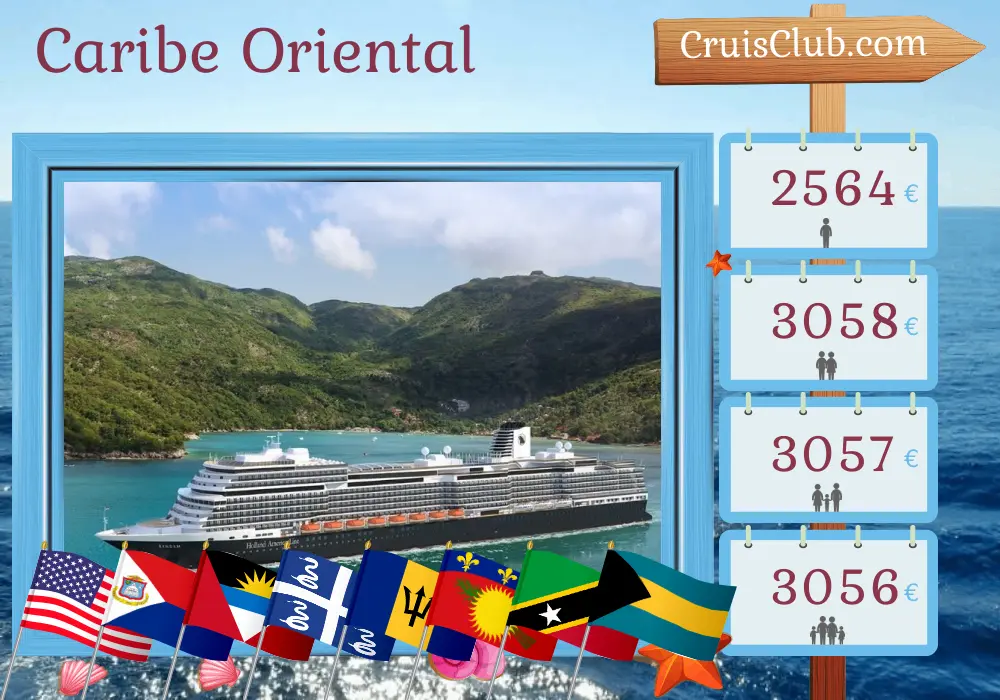 Crucero por el este del Caribe desde Fort Lauderdale a bordo del buque Rotterdam con visitas a Estados Unidos, Martinica, Barbados, Guadalupe, San Cristóbal y Nieves, Puerto Rico y Bahamas durante 13 días