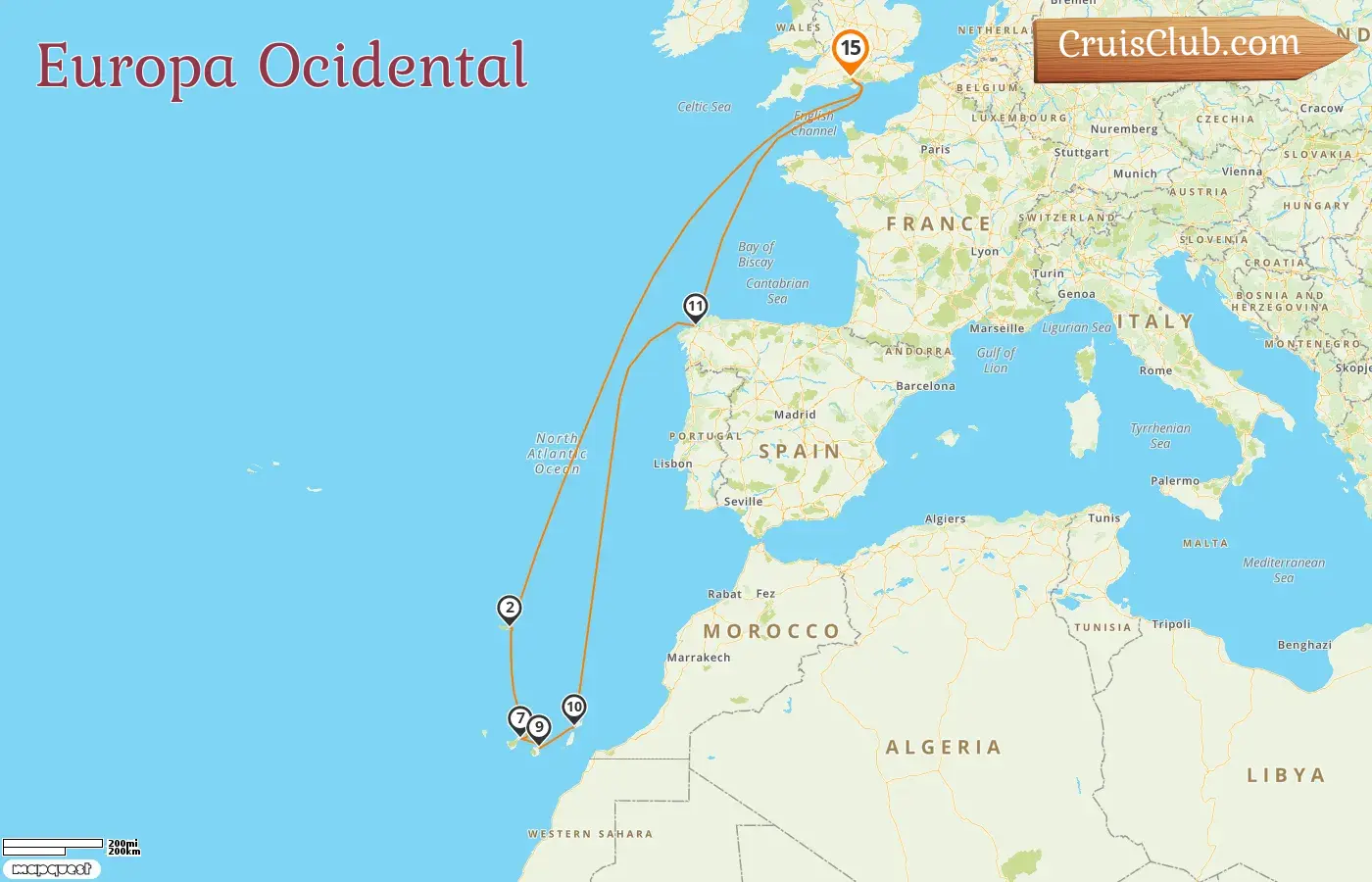 Cruzeiro no Oeste da Europa a partir de Southampton a bordo do navio Queen Anne com visitas a Portugal e Espanha por 15 dias