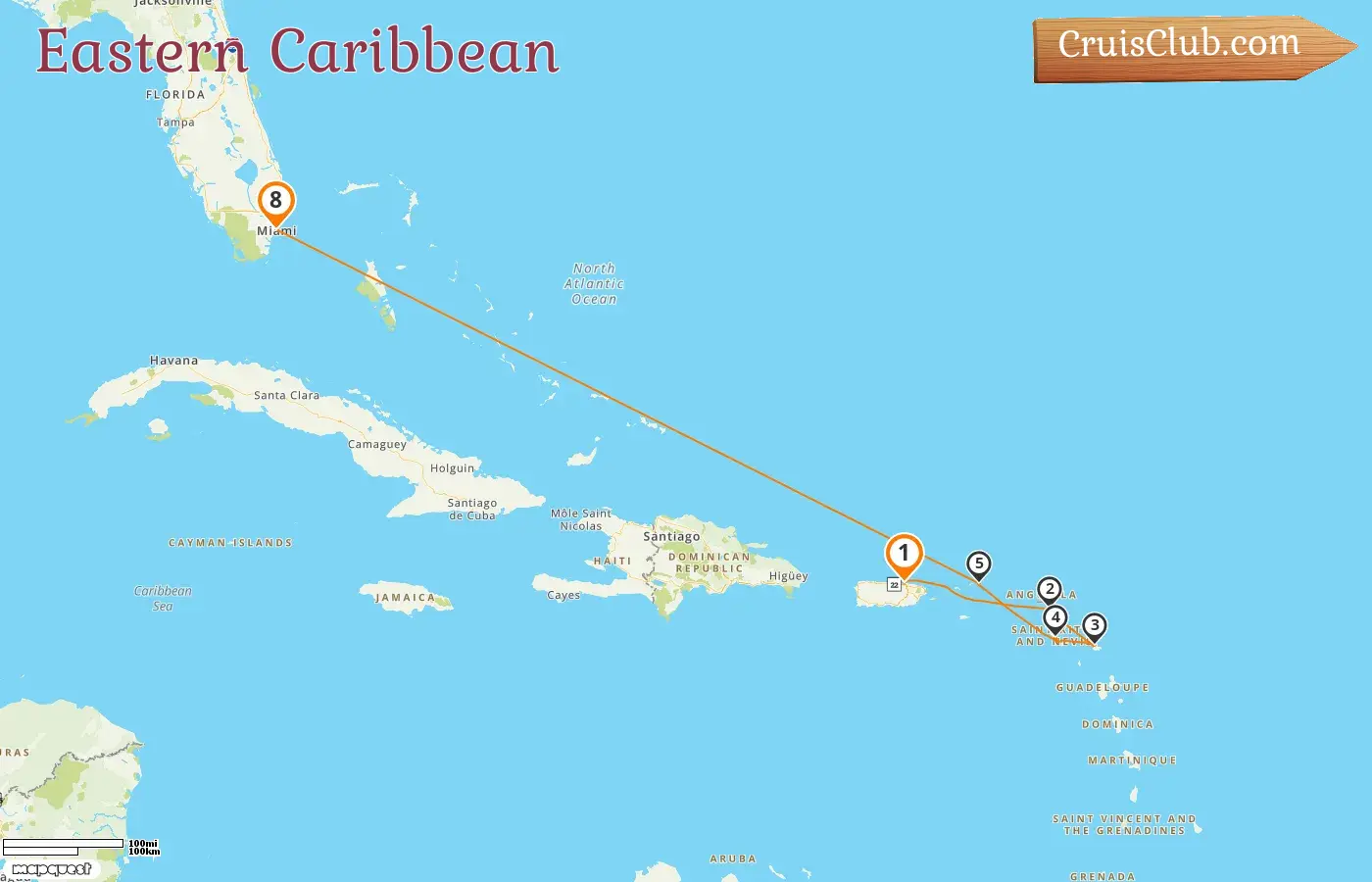 Kreuzfahrt in der Ostkaribik von San Juan nach Miami an Bord des Schiffes EXPLORA II mit Besuchen in Puerto Rico, Saint Barthélemy, St. Kitts und Nevis, den Britischen Jungferninseln und den USA für 8 Tage