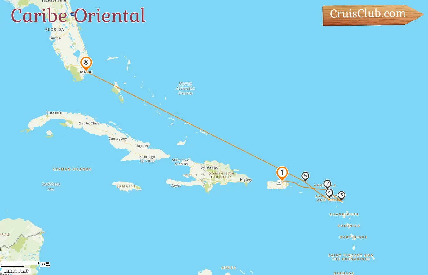 Crucero por el Caribe Oriental desde San Juan a Miami a bordo del barco EXPLORA II con visitas a Puerto Rico, Saint Barthélemy, Saint Kitts y Nevis, Islas Vírgenes Británicas y Estados Unidos durante 8 días