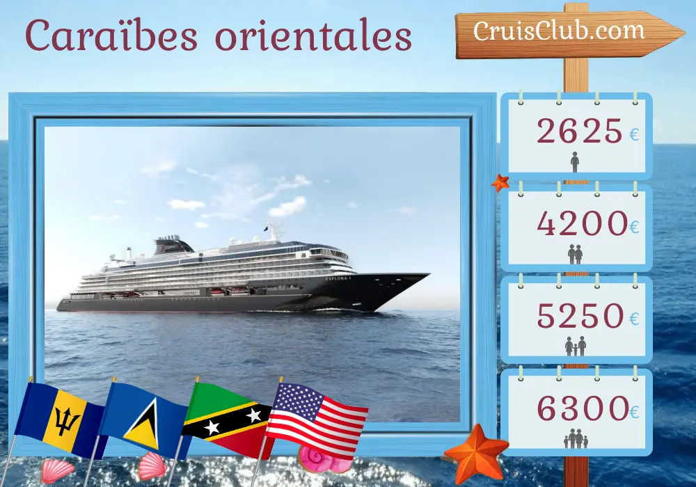 Croisière dans les Caraïbes orientales de Bridgetown à Miami à bord du navire EXPLORA II avec des visites à la Barbade, Saint-Vincent-et-les-Grenadines, Sainte-Lucie, Saint-Christophe-et-Niévès, les îles Vierges britanniques et les États-Unis pendant 8 jours