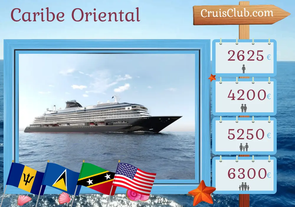 Crucero por el Caribe Oriental desde Bridgetown hasta Miami a bordo del barco EXPLORA II con visitas a Barbados, San Vicente y las Granadinas, Santa Lucía, San Cristóbal y Nieves, Islas Vírgenes Británicas y Estados Unidos durante 8 días