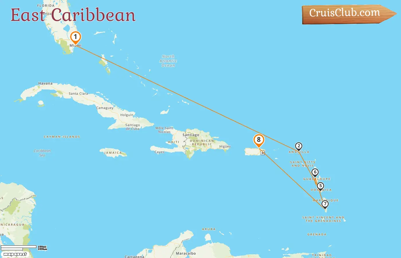 East Caribbean Cruise from Miami to San Juan aboard EXPLORA II with visits to USA, Dominica, Guadeloupe, Saint Lucia, and Puerto Rico for 8 days