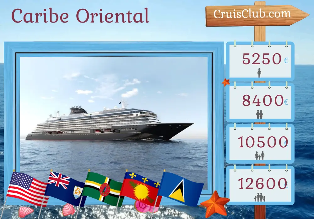 Cruzeiro no Caribe Oriental de Miami a San Juan a bordo do navio EXPLORA II com visitas aos EUA, Dominica, Guadalupe, Santa Lúcia e Porto Rico por 8 dias