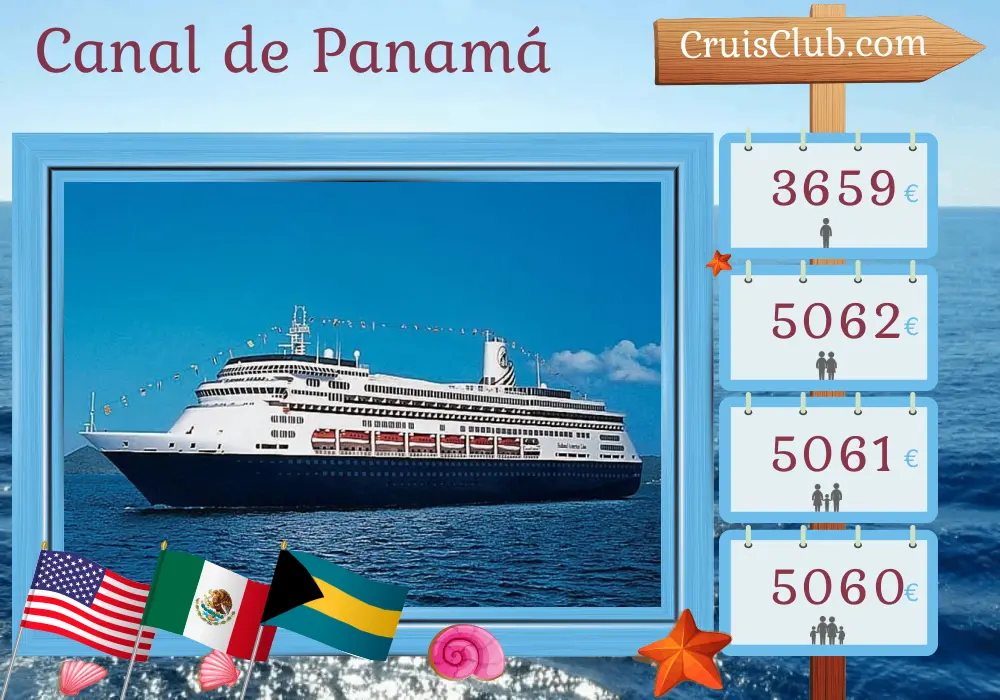 Crucero por el Canal de Panamá desde San Diego a Miami a bordo del barco Zaandam, con visitas a Estados Unidos, México, Guatemala, Costa Rica, Panamá, Colombia y Bahamas durante 16 días