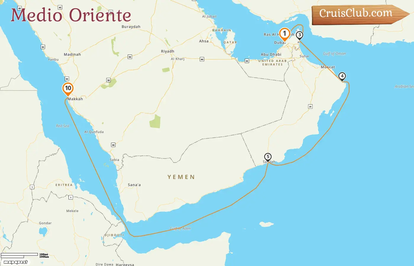 Crucero en Medio Oriente desde Dubái a Yeda a bordo del barco EXPLORA I con visitas a Emiratos Árabes Unidos, Omán y Arabia Saudita durante 10 días