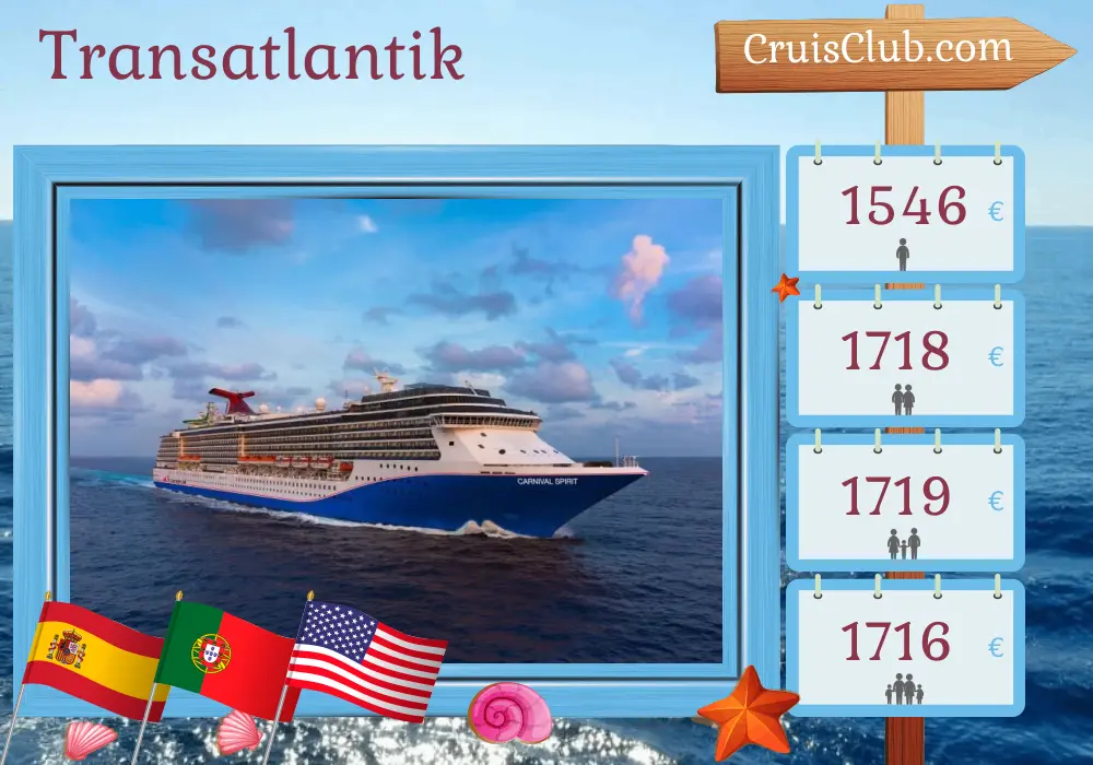 Kreuzfahrt im Transatlantik von Barcelona nach Miami an Bord des Schiffes Carnival Spirit mit Besuchen in Spanien, Portugal, Bermuda und den USA für 15 Tage