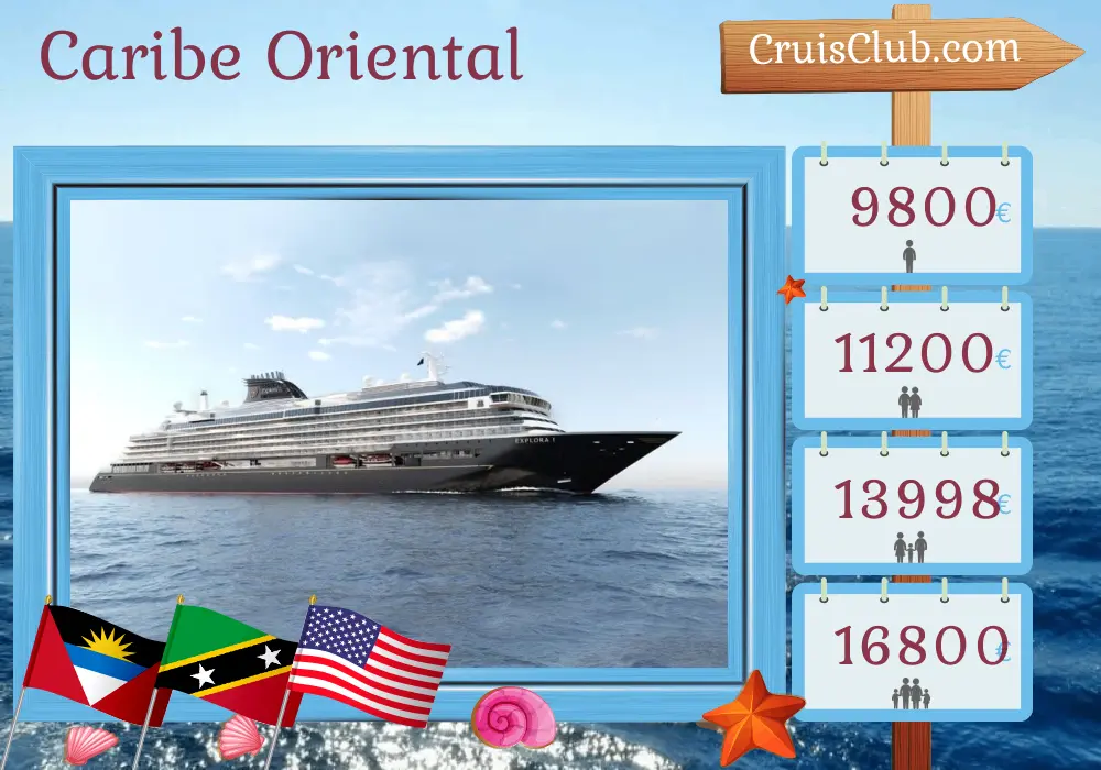 Crucero en el Caribe Oriental desde San Juan hasta Miami a bordo del barco EXPLORA II con visitas a Puerto Rico, San Cristóbal y Nieves, Islas Vírgenes Británicas y Estados Unidos durante 8 días