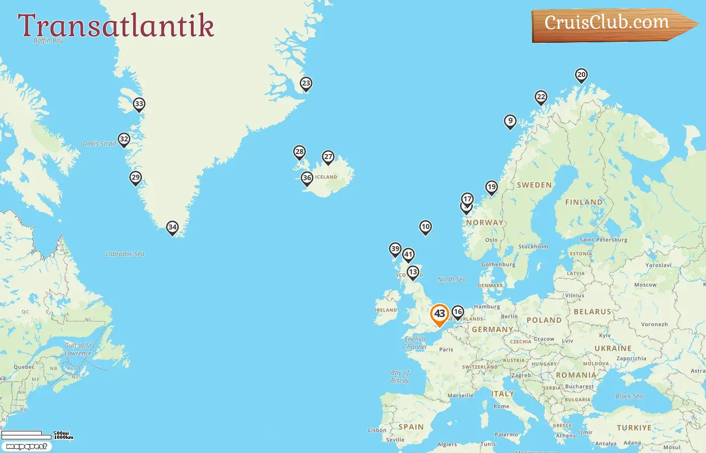 Kreuzfahrt im Transatlantik von Dover an Bord des Schiffes Nieuw Statendam mit Besuchen in den Niederlanden, Norwegen, Grönland und Island für 43 Tage