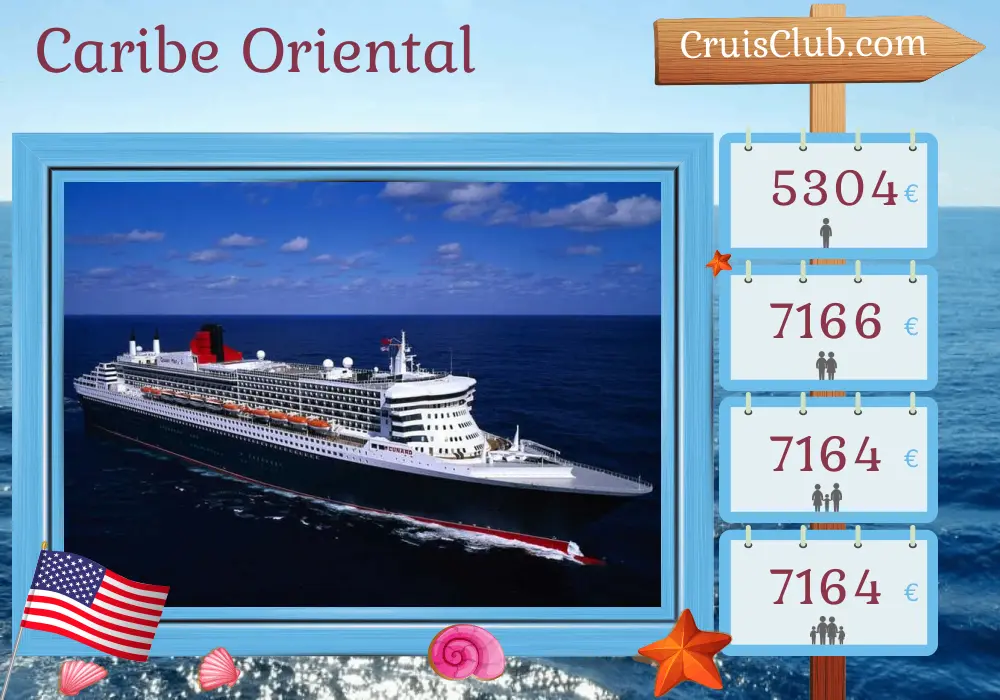 Cruzeiro no Caribe Oriental partindo de Nova York a bordo do navio Queen Mary 2 com visitas aos Estados Unidos, Dominica, Santa Lúcia, Barbados e São Cristóvão e Nevis por 14 dias