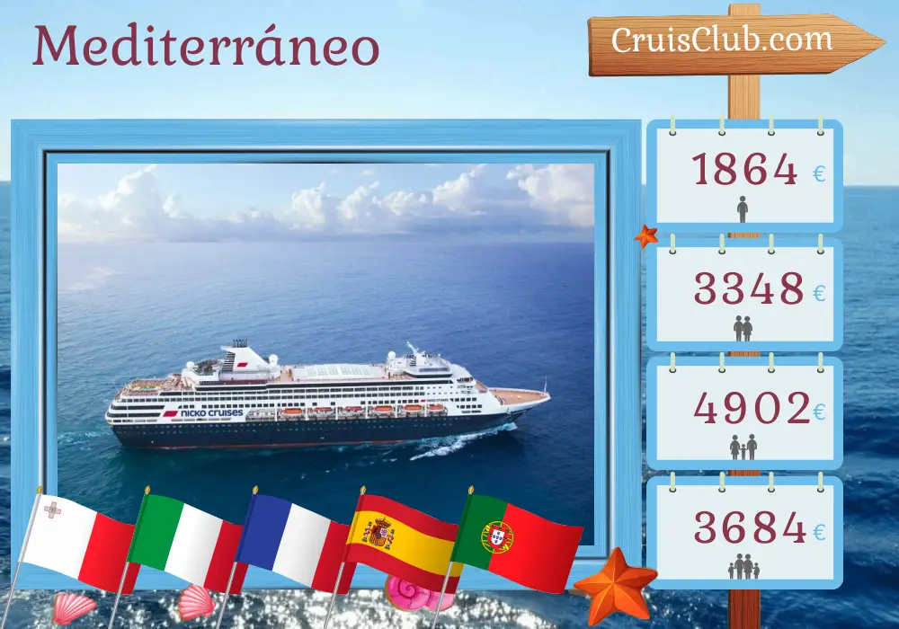 Crucero por el Mediterráneo desde Valletta a Lisboa a bordo del barco Vasco da Gama con visitas a Malta, Italia, Francia, España y Portugal durante 10 días