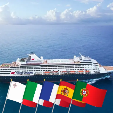 Crucero por el Mediterráneo desde Valletta a Lisboa a bordo del barco Vasco da Gama con visitas a Malta, Italia, Francia, España y Portugal durante 10 días