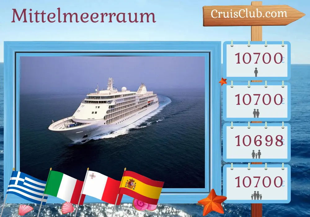 Kreuzfahrt im Mittelmeer von Piräus nach Lissabon an Bord des Schiffes Silver Whisper mit Besuchen in Griechenland, Italien, Malta, Tunesien und Spanien für 15 Tage