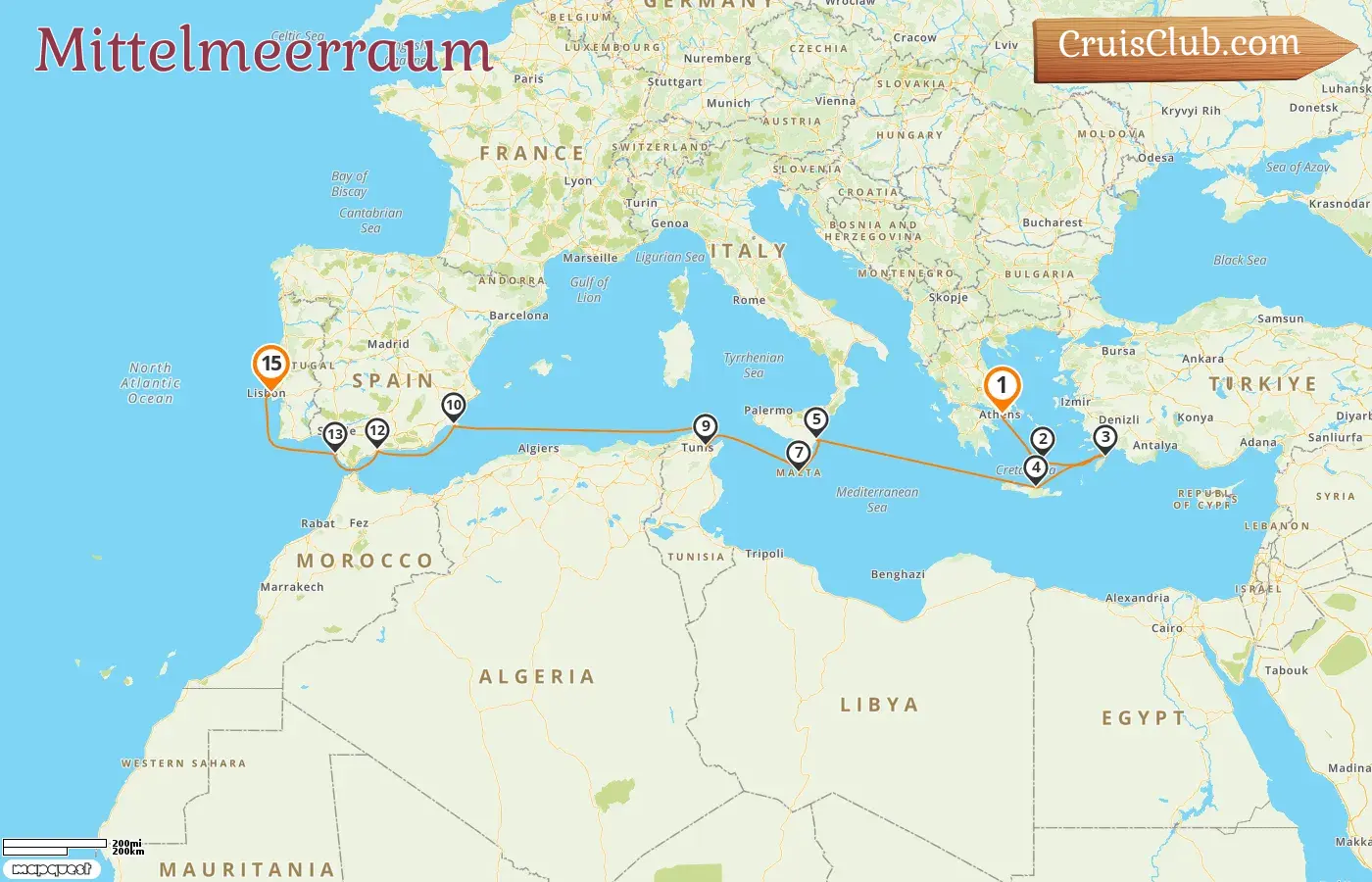 Kreuzfahrt im Mittelmeer von Piräus nach Lissabon an Bord des Schiffes Silver Whisper mit Besuchen in Griechenland, Italien, Malta, Tunesien und Spanien für 15 Tage