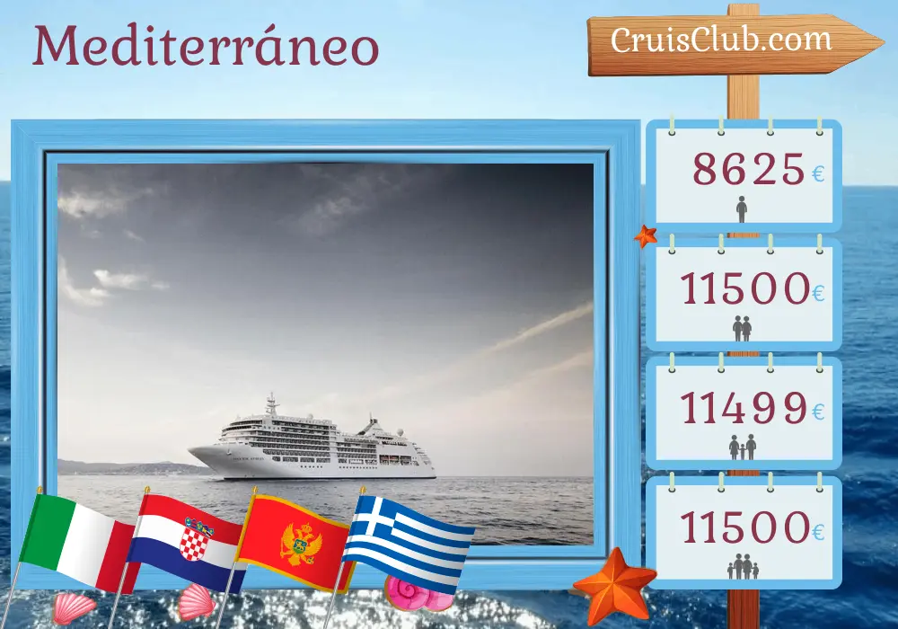 Crucero por el Mediterráneo desde Venecia a El Pireo a bordo del barco Silver Spirit con visitas a Italia, Croacia, Montenegro y Grecia durante 11 días