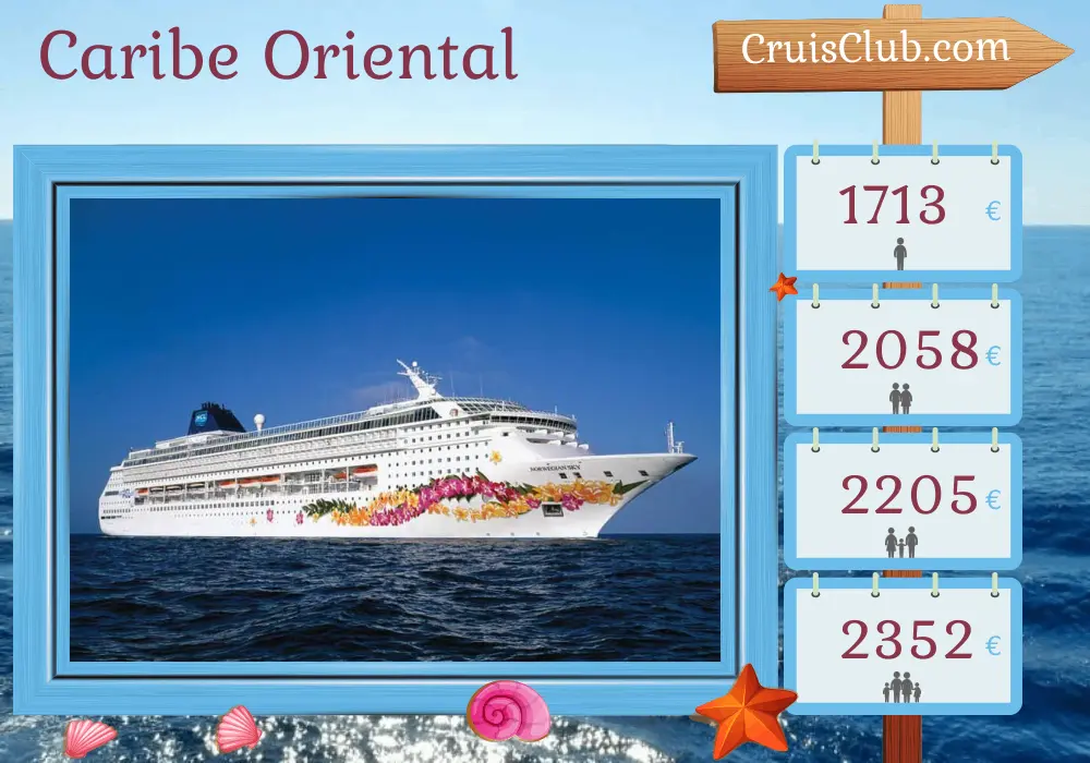 Cruzeiro no Caribe Oriental a partir de La Romana a bordo do navio Norwegian Sky com visitas à República Dominicana, Curaçao, Aruba, Granada, Barbados, Santa Lúcia e Ilhas Virgens Britânicas por 10 dias