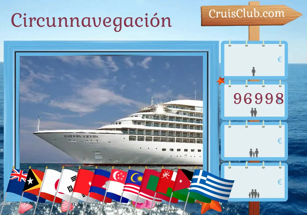 Crucero en la ruta mundial desde Sydney hasta el Pireo a bordo del barco Seabourn Sojourn con visitas a Australia, Timor-Leste, Indonesia, Filipinas, Taiwán, Japón, Corea del Sur, China, Hong Kong, Vietnam, Camboya, Tailandia, Singapur, Malasia, Sri Lanka, Maldivas, Omán, Egipto, Jordania, Israel, Grecia y Turquía durante 107 días