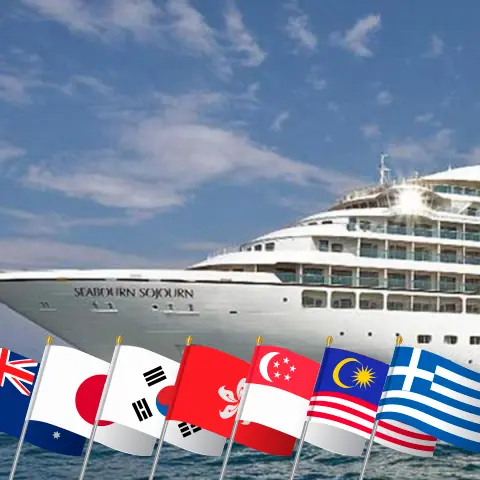 Cruzeiro no tour mundial de Sydney a Piraeus a bordo do navio Seabourn Sojourn com visitas à Austrália, Timor-Leste, Indonésia, Filipinas, Taiwan, Japão, Coreia do Sul, China, Hong Kong, Vietnã, Camboja, Tailândia, Cingapura, Malásia, Sri Lanka, Maldivas, Omã, Egito, Jordânia, Israel, Grécia e Turquia por 107 dias