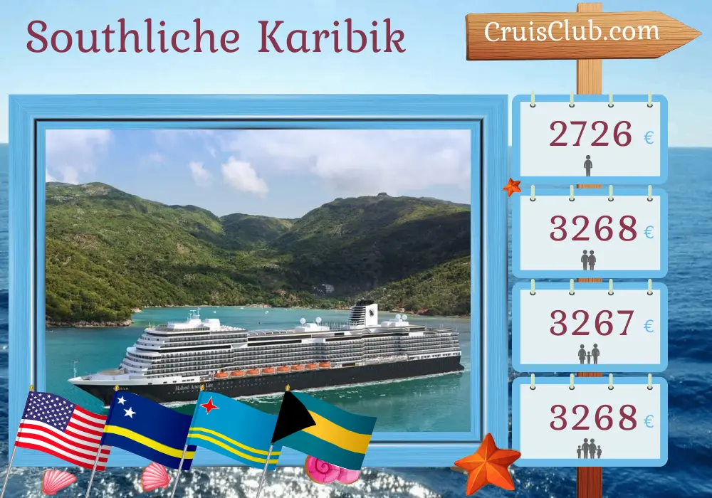 Kreuzfahrt in der südlichen Karibik ab Fort Lauderdale an Bord des Schiffes Rotterdam mit Besuchen in den USA, Curaçao, Aruba und den Bahamas für 10 Tage