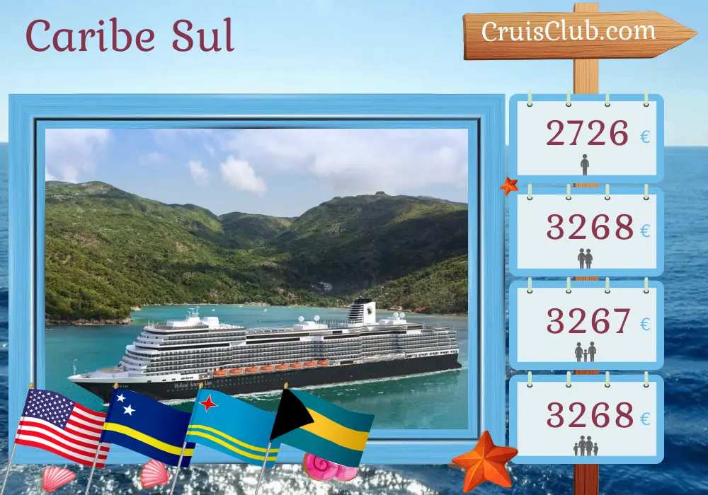 Cruzeiro no Caribe Sul a partir de Fort Lauderdale a bordo do navio Rotterdam com visitas aos EUA, Curaçao, Aruba e Bahamas por 10 dias