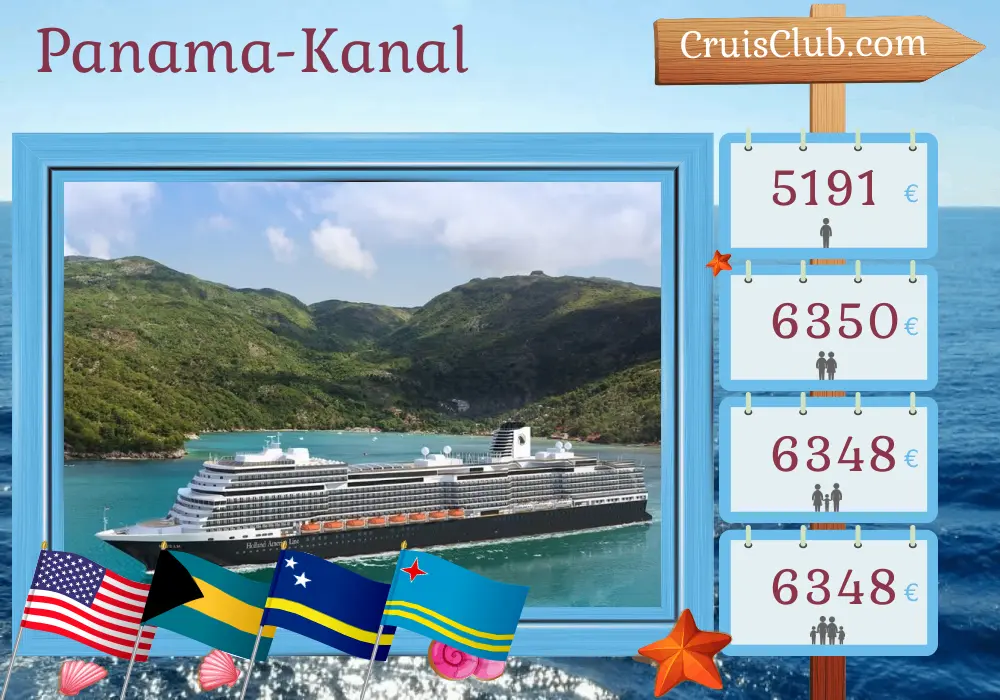 Kreuzfahrt im Panamakanal von Fort Lauderdale an Bord des Schiffes Rotterdam mit Besuchen in den USA, den Bahamas, Curaçao, Kolumbien, Panama, Costa Rica und Aruba für 22 Tage