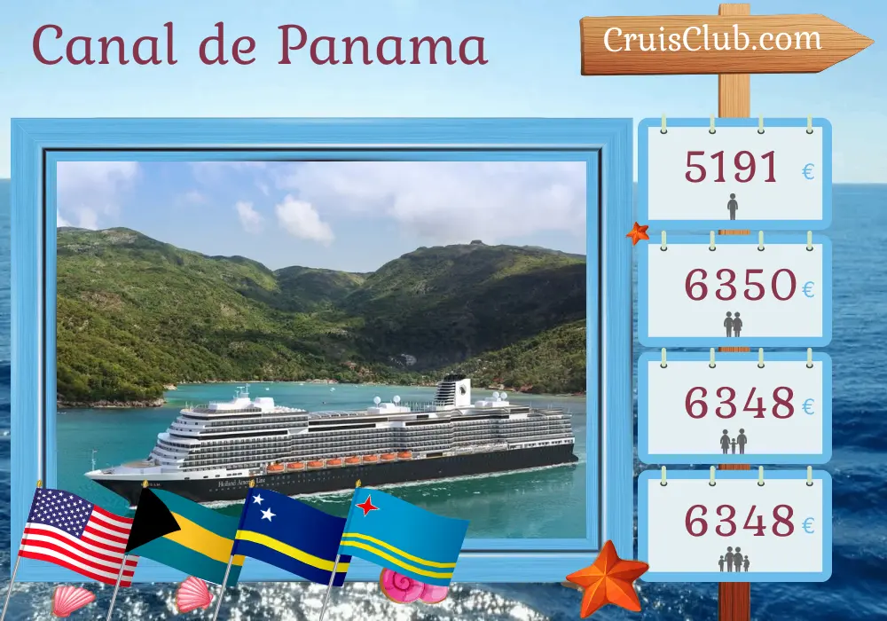 Croisière dans le canal de Panama à bord du navire Rotterdam avec des visites aux États-Unis, aux Bahamas, à Curaçao, en Colombie, au Panama, au Costa Rica et à Aruba pendant 22 jours