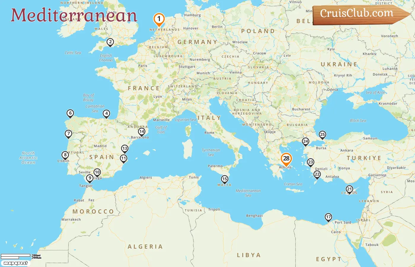 Mediterranean cruise from Amsterdam to Piraeus aboard Nieuw Statendam ship with visits to Netherlands, Spain, Portugal, Malta, Egypt, Cyprus, Greece, and Turkey for 28 days