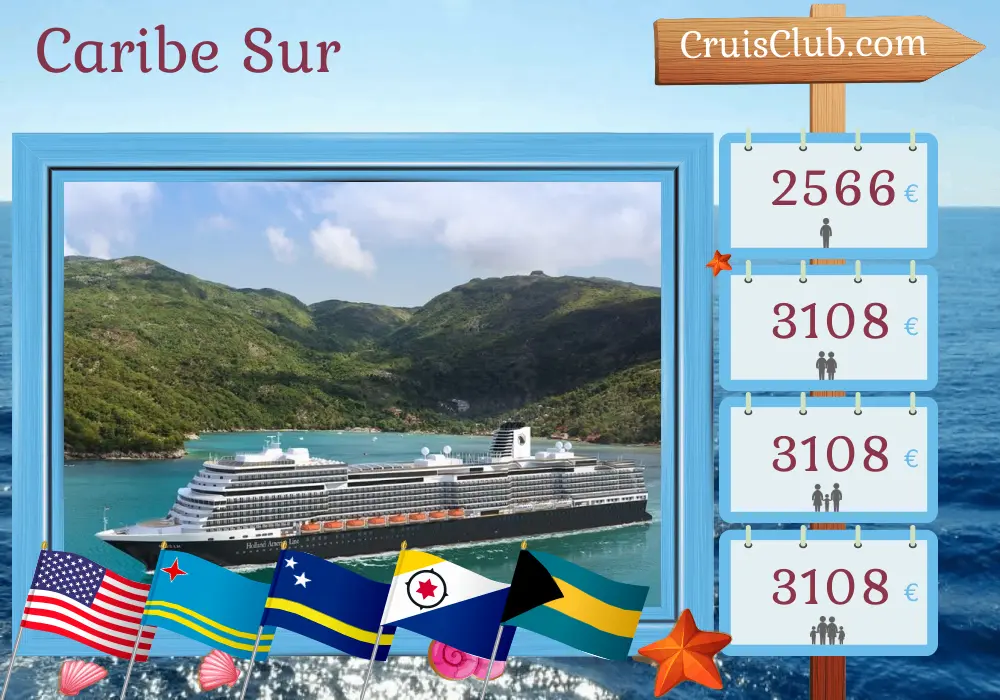 Crucero por el Caribe Sur desde Fort Lauderdale a bordo del barco Rotterdam con visitas a Estados Unidos, Aruba, Curazao y las Bahamas durante 10 días