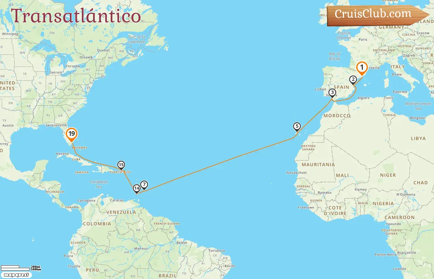 Crucero Transatlántico de Barcelona a Miami a bordo del barco MSC Seaside con visitas a España, Barbados, Granada, Puerto Rico y Estados Unidos durante 19 días