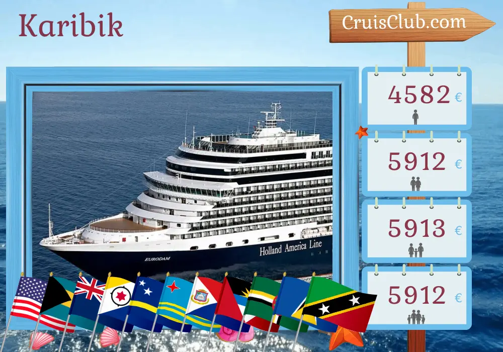 Karibikkreuzfahrt ab Fort Lauderdale an Bord des Schiffes Eurodam mit Besuchen in den USA, den Bahamas, der Dominikanischen Republik, Curaçao, Aruba, Dominica, St. Lucia und St. Kitts und Nevis für 22 Tage