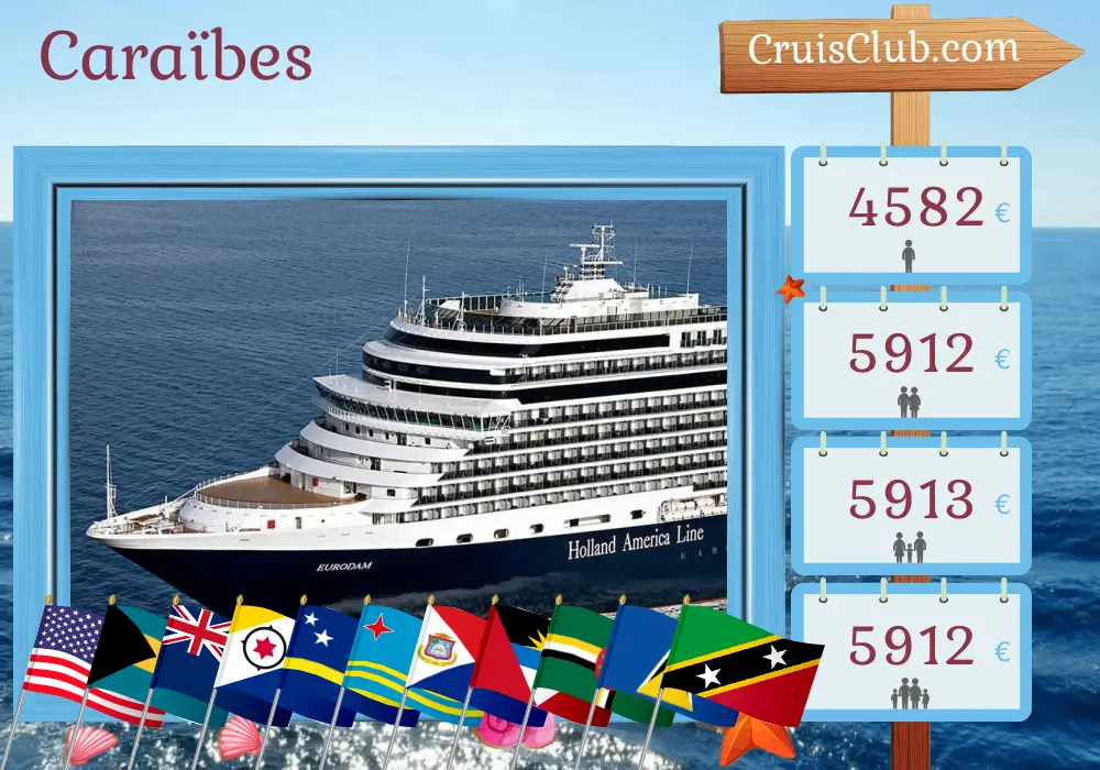 Croisière dans les Caraïbes au départ de Fort Lauderdale à bord du navire Eurodam avec des escales aux États-Unis, aux Bahamas, en République dominicaine, à Curaçao, à Aruba, en Dominique, à Sainte-Lucie et à Saint-Kitts-et-Nevis pendant 22 jours