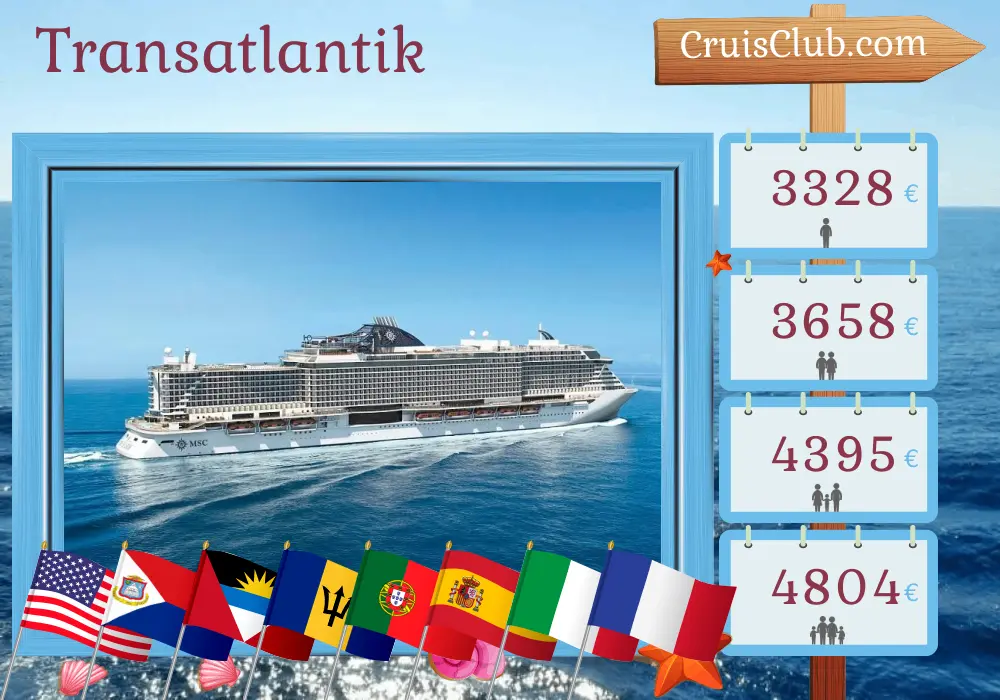 Kreuzfahrt von Miami nach Marseille über den Atlantik an Bord des MSC Seaside-Schiffs mit Besuchen in den USA, Barbados, Portugal, Spanien, Italien und Frankreich für 23 Tage