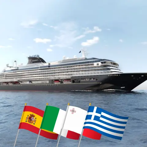 Crucero por el Mediterráneo desde Barcelona a El Pireo a bordo del barco EXPLORA I con visitas a España, Italia, Malta y Grecia durante 9 días