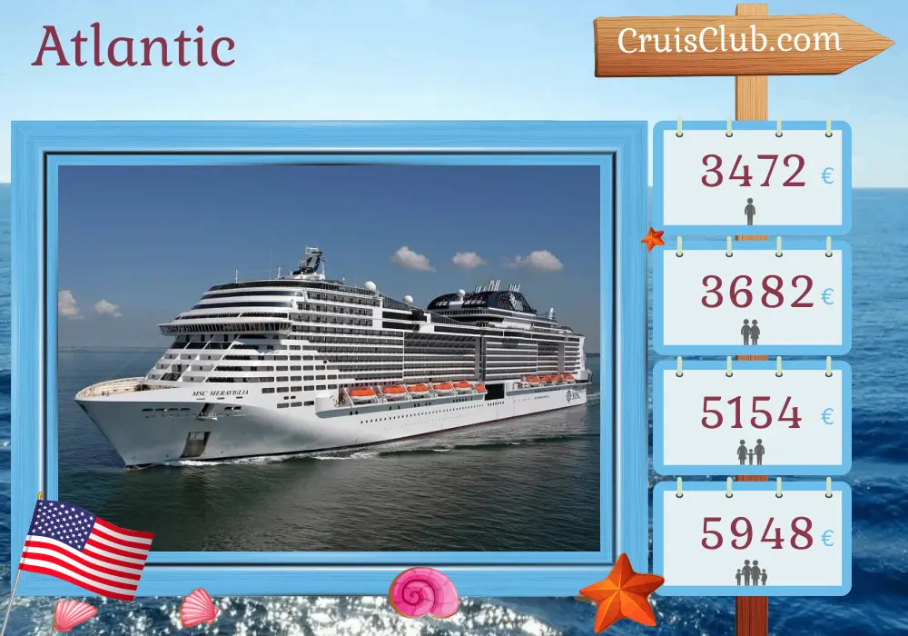 Cruise in the Atlantic from New York aboard MSC Meraviglia ship with visits to USA, Bahamas, and Bermuda for 15 days