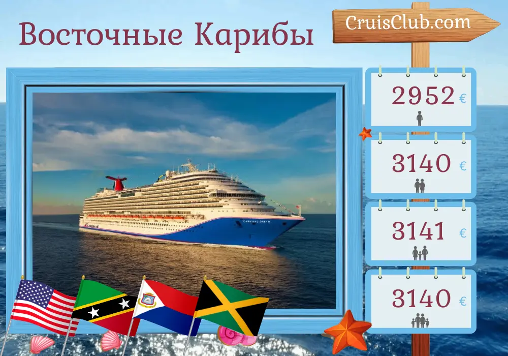 Круиз по Восточной Карибии из Галвестона на борту корабля Carnival Dream с посещением США, Доминиканской Республики, Пуэрто-Рико, Сент-Китс и Невиса и Ямайки на протяжении 15 дней