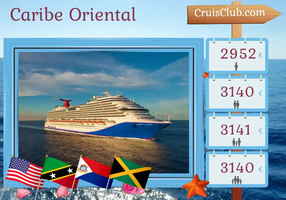 Cruise en el Caribe Oriental desde Galveston a bordo del barco Carnival Dream con visitas a Estados Unidos, República Dominicana, Puerto Rico, San Cristóbal y Nieves, y Jamaica por 15 días