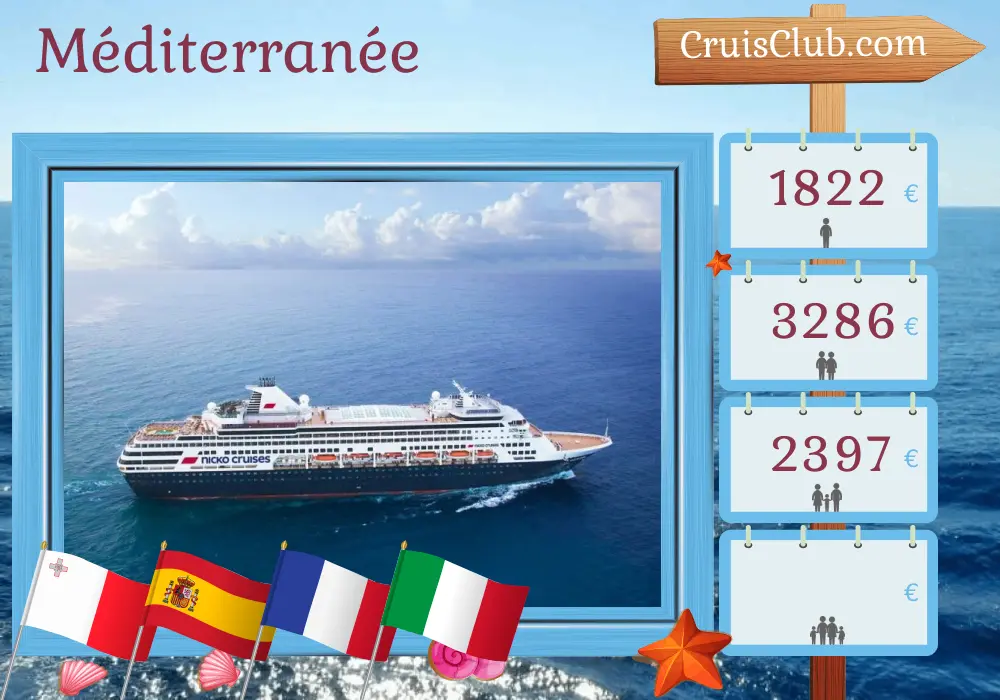 Croisière en Méditerranée au départ de Vallette à bord du navire Vasco da Gama avec des visites à Malte, en Espagne, en France et en Italie pendant 9 jours