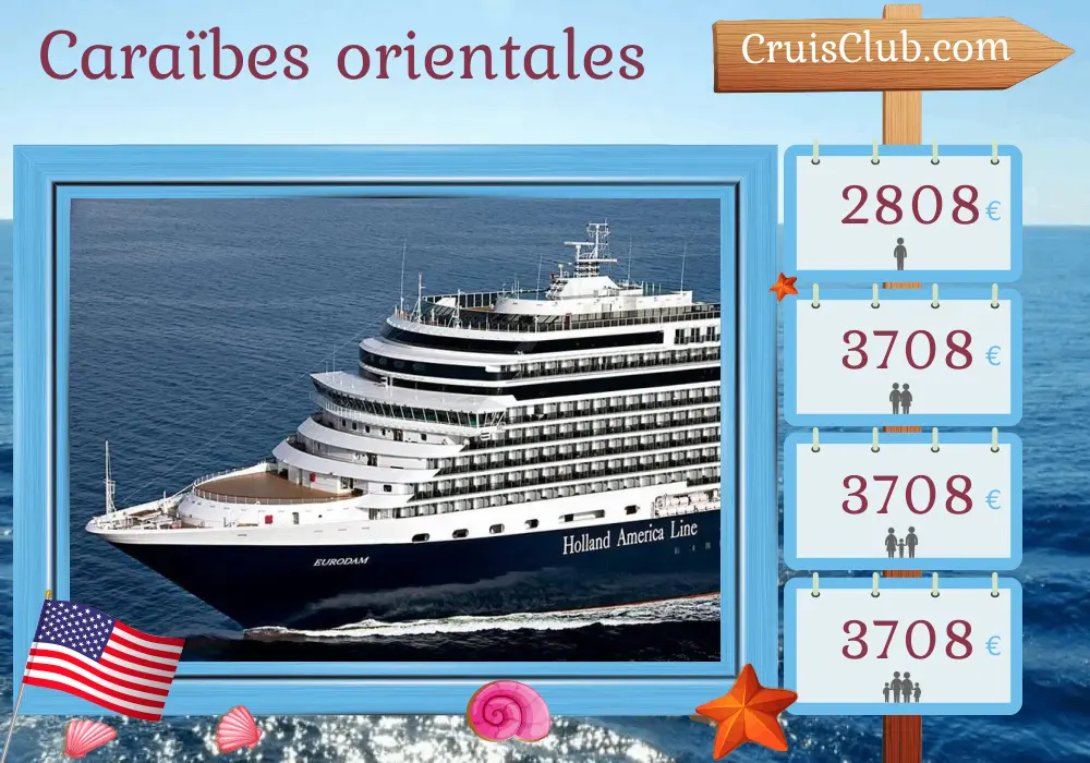 Croisière dans les Caraïbes de l`Est au départ de Fort Lauderdale à bord du navire Eurodam avec escales aux États-Unis, en Dominique, en Martinique, à Saint-Kitts-et-Nevis et aux Bahamas pendant 12 jours