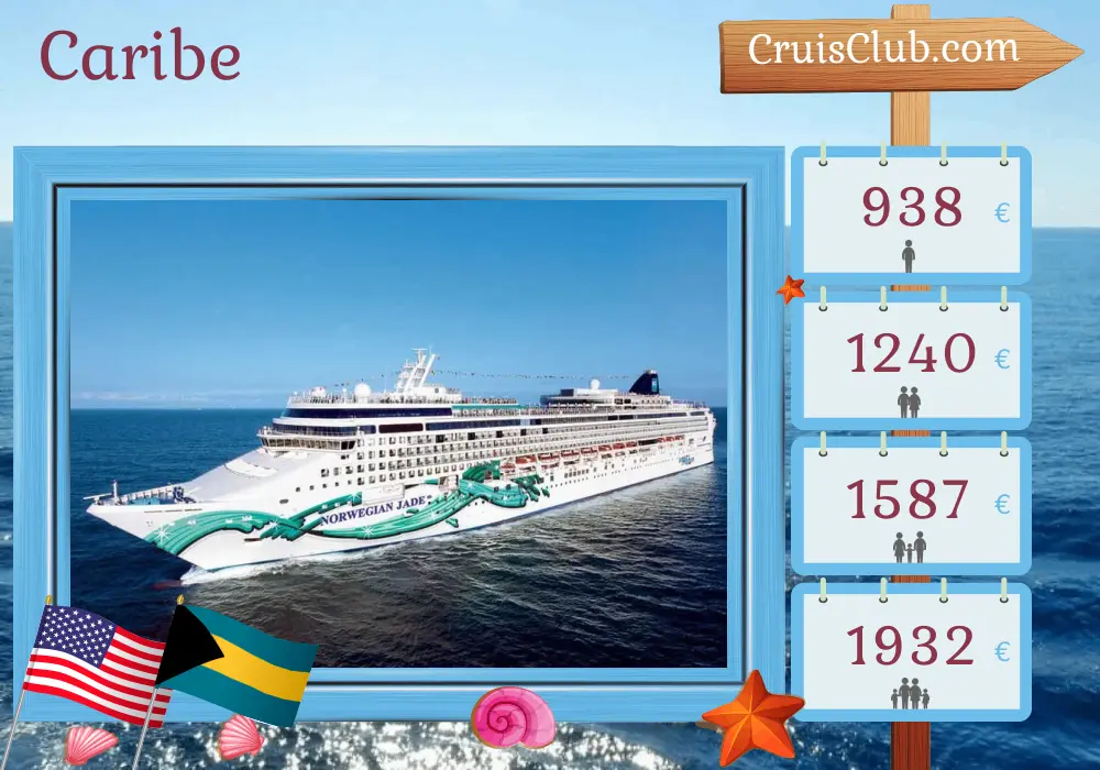 Cruzeiro no Caribe saindo de Miami a bordo do navio Norwegian Jade com visitas aos Estados Unidos e Bahamas por 4 dias