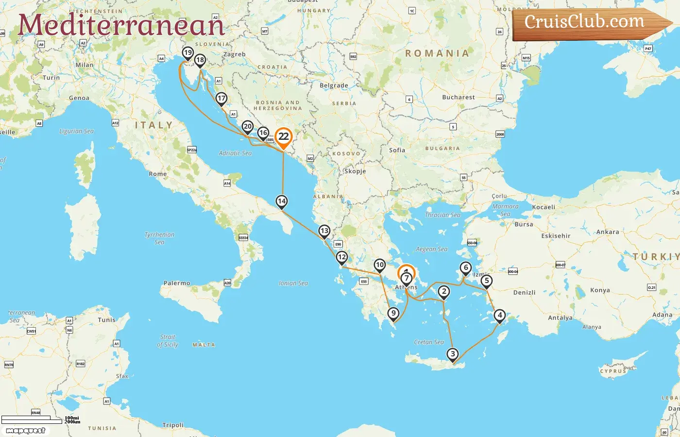 Mediterranean Cruise from Piraeus to Dubrovnik aboard Seabourn Encore ship with visits to Greece, Turkey, Italy, Croatia, and Slovenia for 22 days