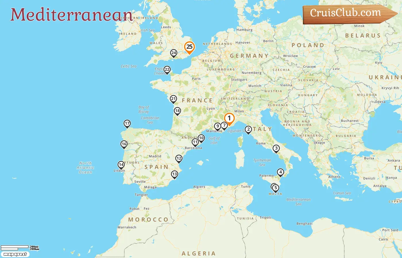 Mediterranean cruise from Monte Carlo to Dover aboard Seabourn Sojourn ship with visits to Monaco, Italy, Malta, France, Spain, Portugal, and Jersey for 25 days