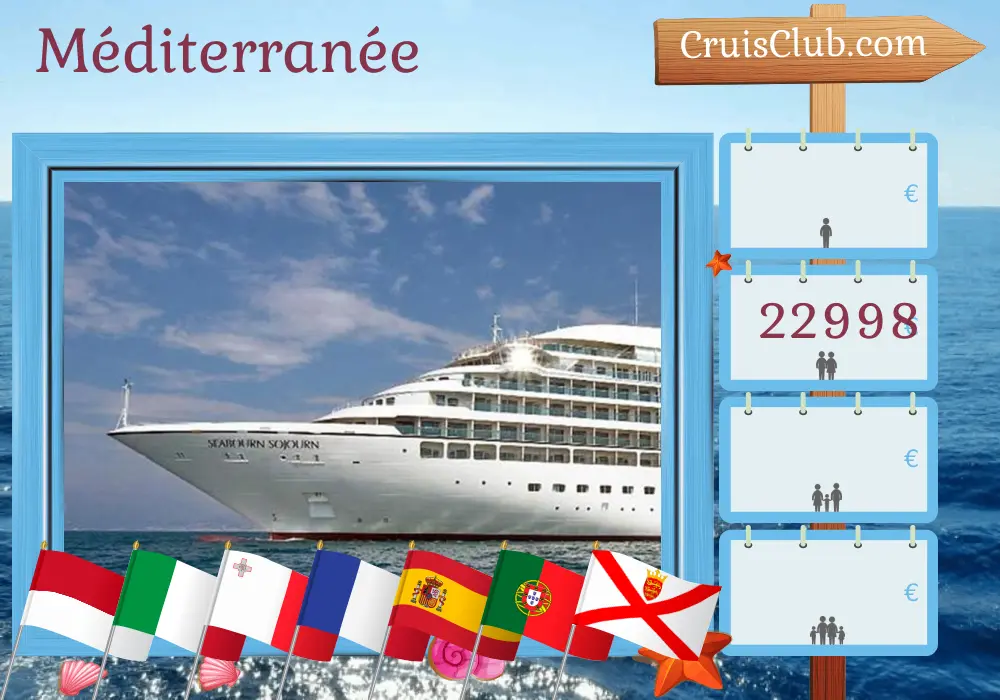 Croisière en Méditerranée de Monte Carlo à Dover à bord du navire Seabourn Sojourn avec des visites à Monaco, en Italie, à Malte, en France, en Espagne, au Portugal et à Jersey pendant 25 jours