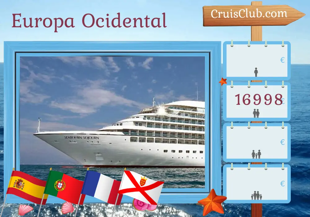 Cruzeiro na Europa Ocidental de Barcelona a Dover a bordo do navio Seabourn Sojourn com visitas à Espanha, Portugal, França e Jersey por 15 dias