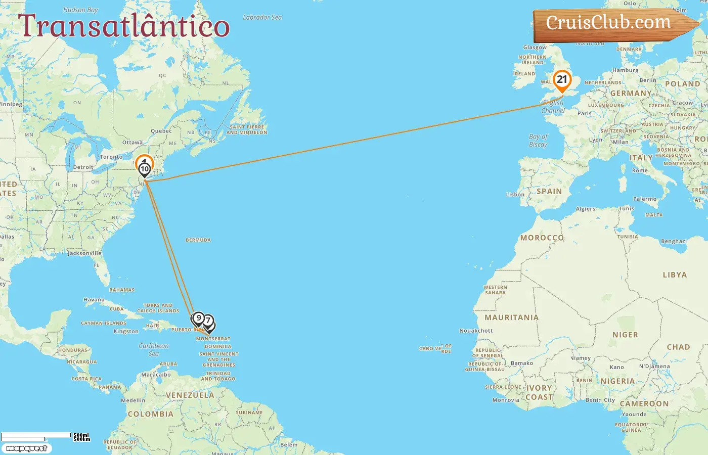 Cruzeiro no Transatlântico de Nova Iorque a Southampton a bordo do navio Queen Mary 2 com visitas aos Estados Unidos por 21 dias
