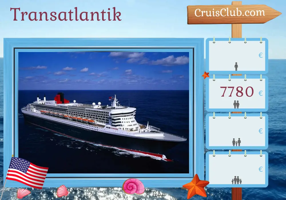 Kreuzfahrt über den Atlantik von Southampton nach New York an Bord des Schiffes Queen Mary 2 mit Besuchen in den USA für 21 Tage