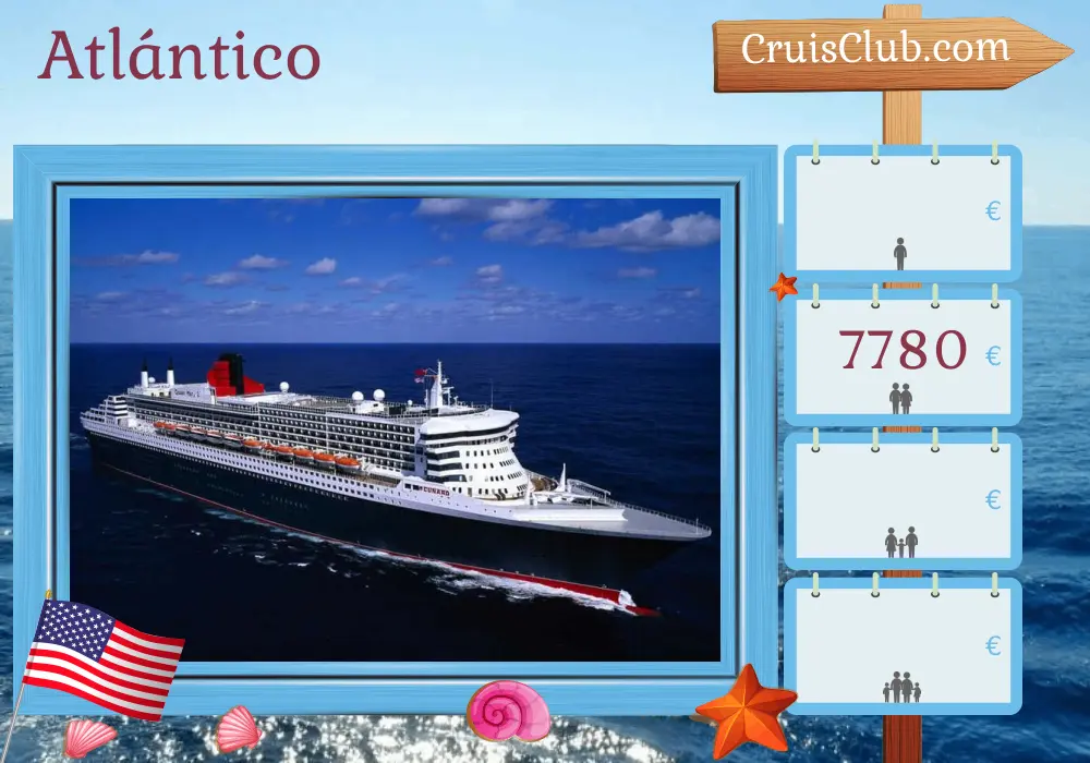 Crucero transatlántico de Southampton a Nueva York a bordo del barco Queen Mary 2 con visitas a EE. UU. durante 21 días
