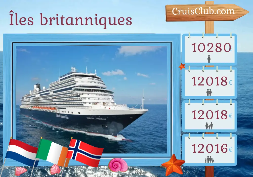 Croisière dans les îles britanniques au départ de Rotterdam à bord du navire Nieuw Statendam avec des visites aux Pays-Bas, à l`île de Man, en Irlande et en Norvège pendant 29 jours