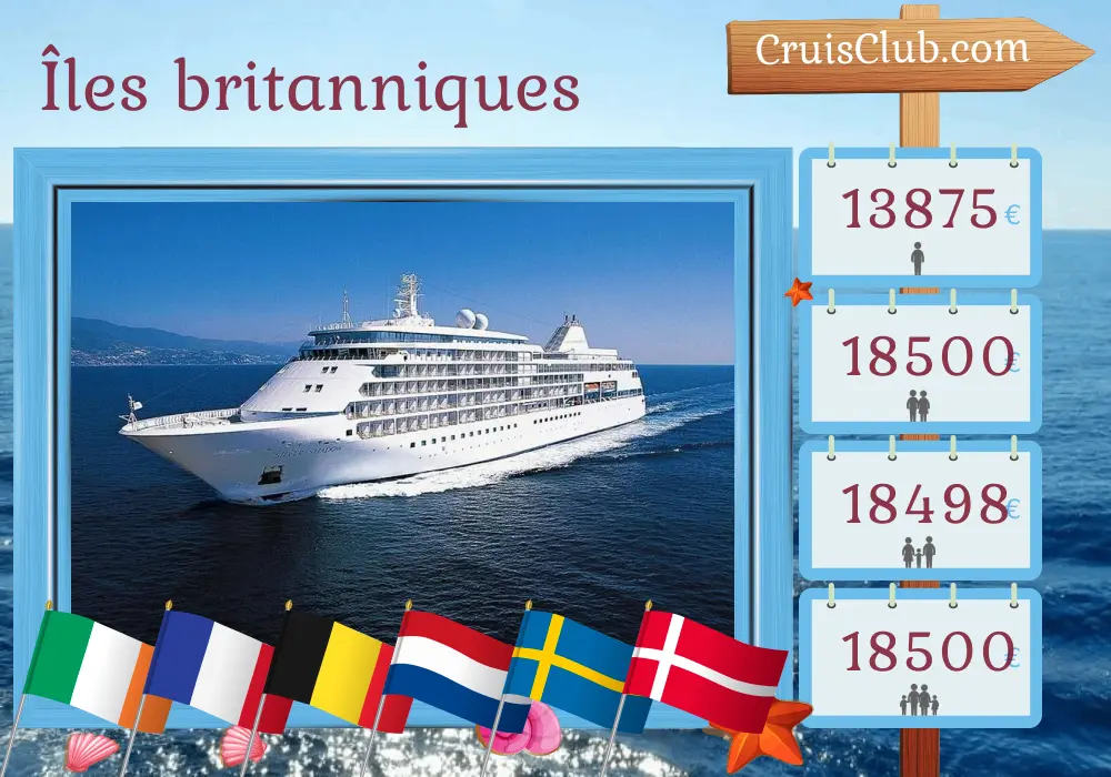 Croisière dans les îles britanniques de Belfast à Copenhague à bord du navire Silver Shadow avec des visites à l`Île de Man, l`Irlande, Jersey, la France, la Belgique, les Pays-Bas, la Suède et le Danemark pendant 17 jours