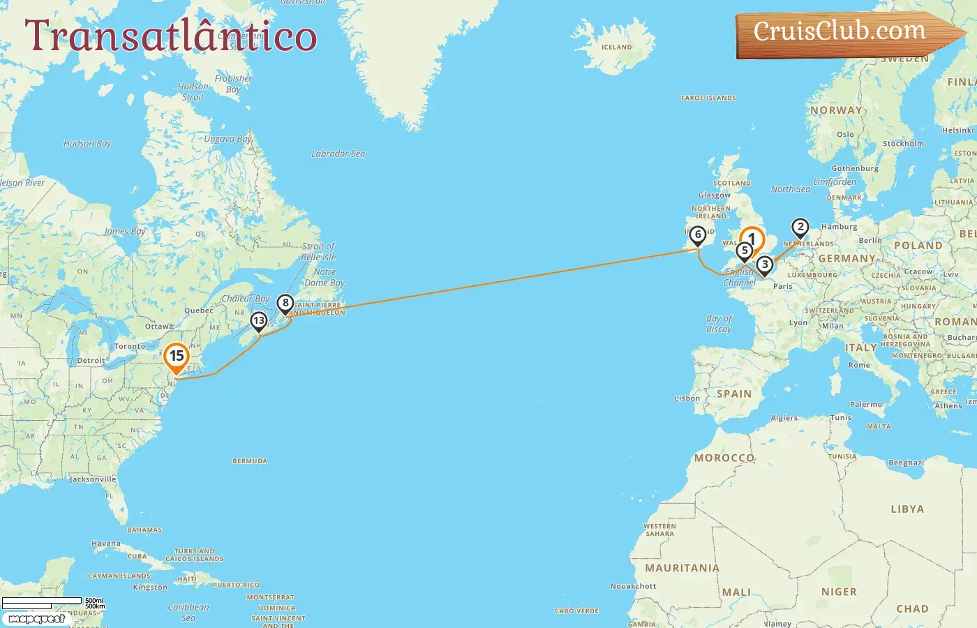 Cruzeiro no Transatlântico de Southampton para Nova Iorque a bordo do navio Norwegian Prima com visitas à Holanda, França, Irlanda, Canadá e EUA por 15 dias